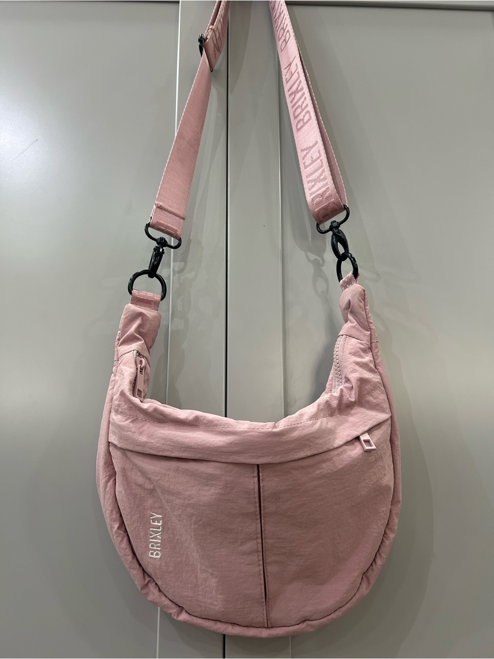 Brixley Pink Nylon Crossbody Sling Bag Purse with Logo Strap